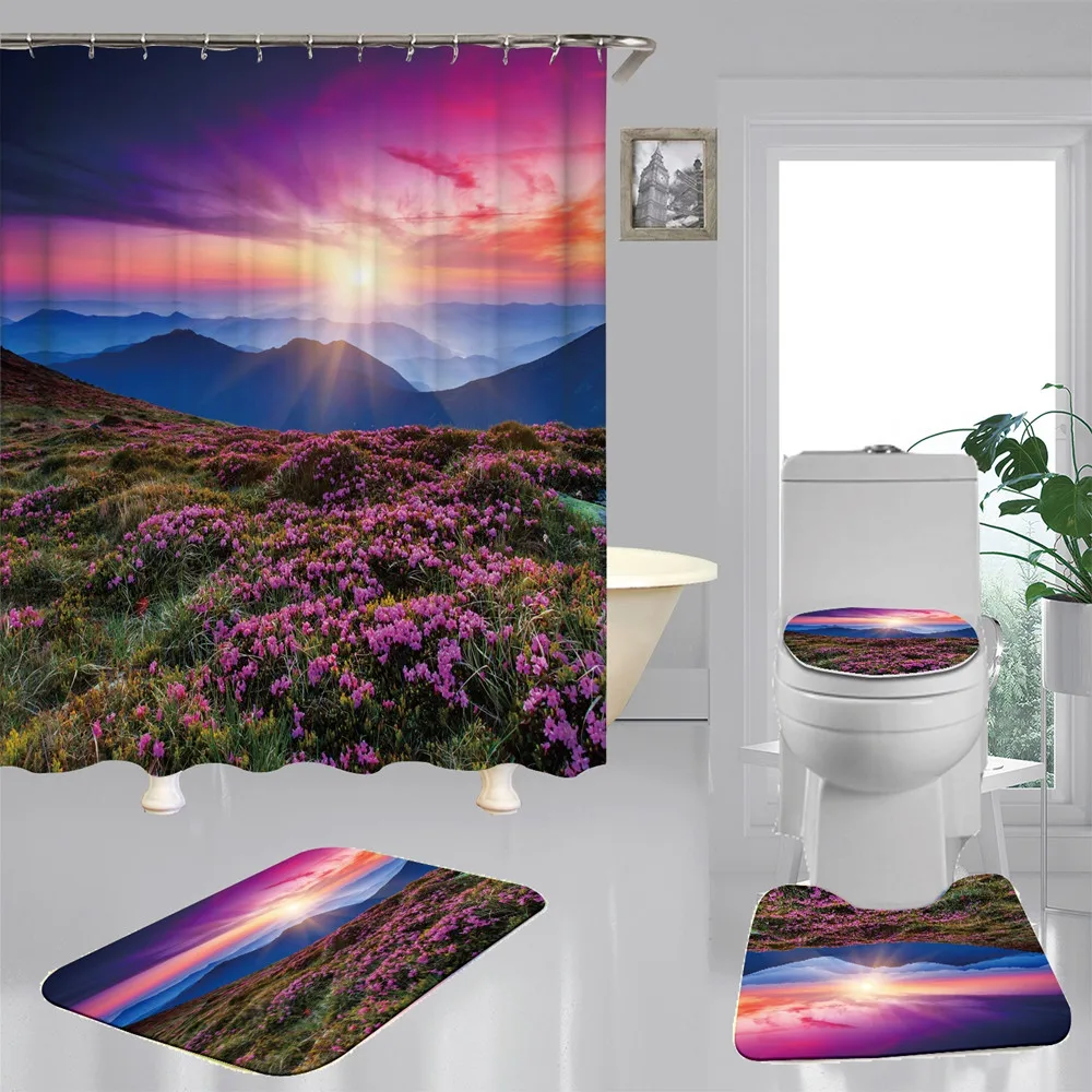 

Sunrise Flowers Polyester Fabric Shower Curtain Non-Slip Bath Mat Toilet Lid Cover Rugs Home Bathroom Decor Set