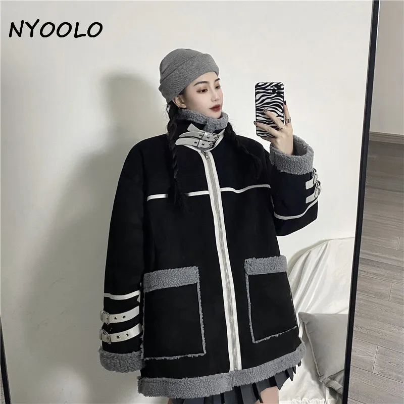 

NYOOLO Winter Streetwear Suede Lamb Woolen Thick Warm Padded Jacket Women Vintage Loose Long Sleeve Zipper Big Pockets Outwear