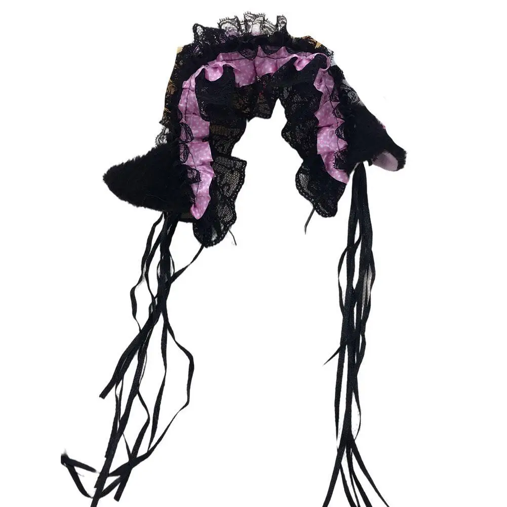 Ободок для волос Женский кружевной с оборками и кошачьими ушками плюшевый