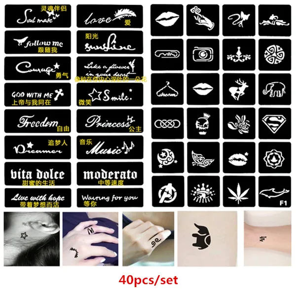 

40pcs/set Glitter Tattoo Sjablonen DIY Henna Stencil Letters Skull Cat Sexy Stencils for Painting Airbrush Stencil Pochoir