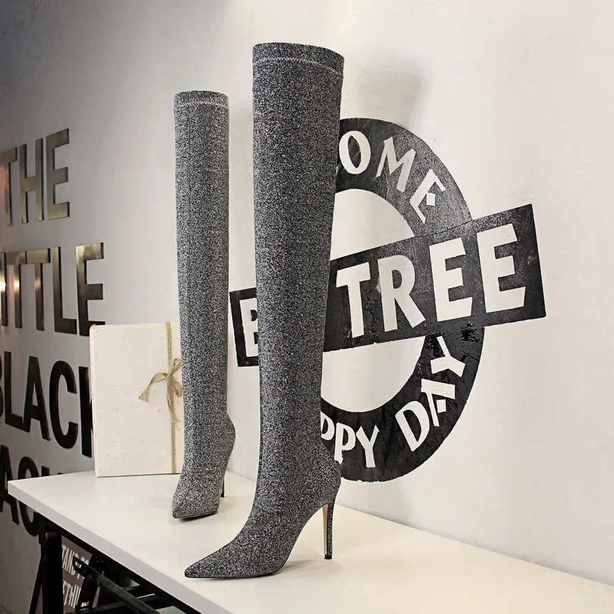

Top quality NEW Autumn Women's Boots Pointed Toe Yarn Elastic Ankle Boots Thick Heel High Heels Shoes Woman Female Socks Boots