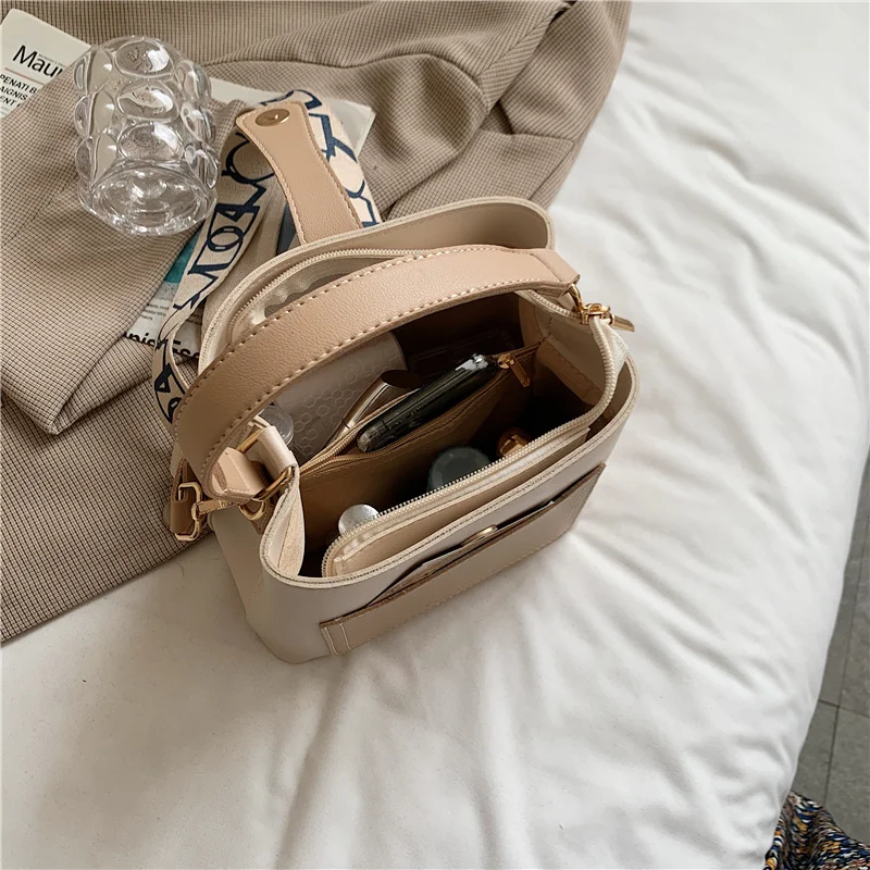 

Summer Blue Women Bucket Crossbody Bag Small Casual Tote Bags Designer Pu Leather Messenger Handbag Lady Wide Strap Shoulder Bag