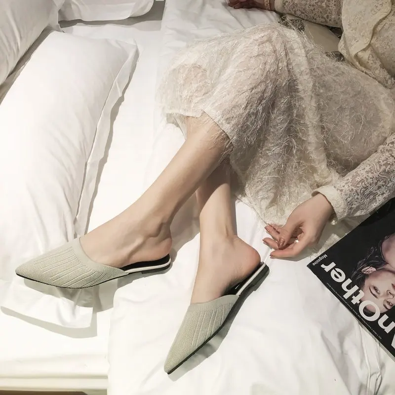 

Fashion Women Slippers Knitted Mules Ladies Mules Outside Pointed Toe Sandals Female Shoes Spring Summer Sandals