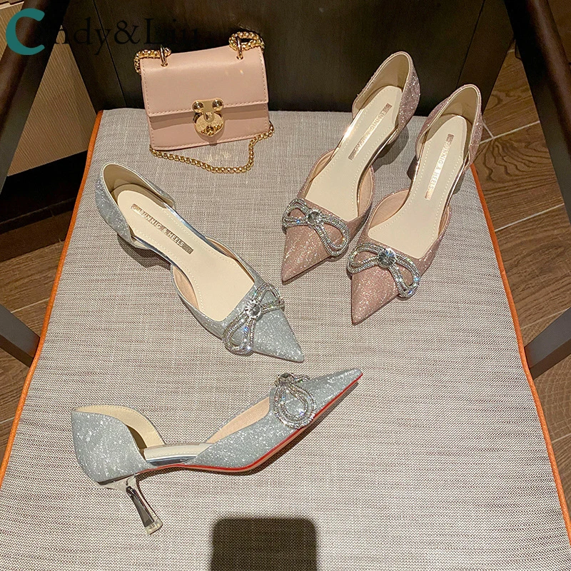 

Новинка весна-лето 2021 очаровательные туфли на высоком каблуке для девушек и кошек с металлическими блестками и кристаллами и бантом с брилл...