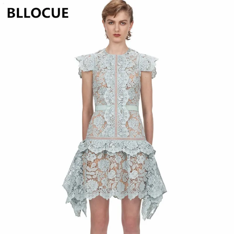 

Женское асимметричное платье BLLOCUE, кружевное ажурное платье с круглым вырезом и оборками, весна-лето 2020