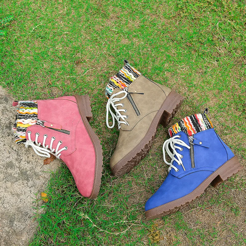 

Winter Ankle Boots Women Cotton Shoes Platform Ladies Heel Short Shoes Female Knitting Patchwork Footwear Plus Size 2021 New