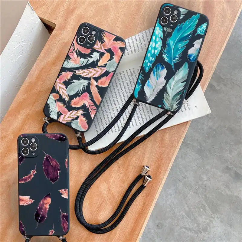 

Fashion Feather red pink Phone Case For iPhone 7 8 11 12 X XS XR MINI Pro Max Plus Strap Cord Chain Lanyard soft
