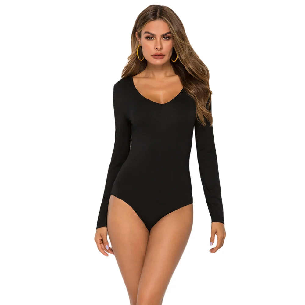 

Осенний женский комбинезон из модала, сексуальный, v-образный вырез, обтягивающий, однотонный, длинный рукав, тонкий, уличный стиль, высокое ...