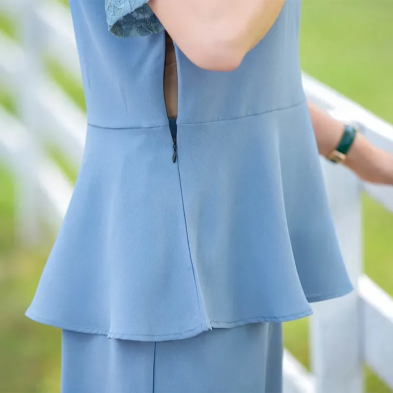 

Classy women outfits summer Solid two piece Fashion Lace O-Neck Folds short sleeves top+Wide Leg Pants Casual plus size sets