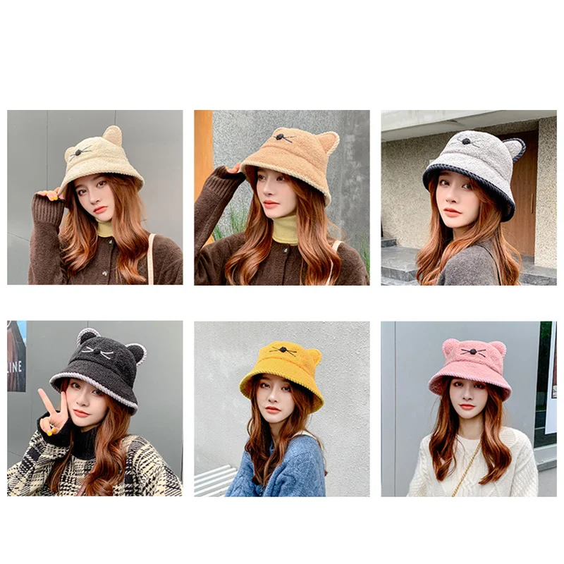

Women Winter Plush Bucket Hat with Cute Cat Ears Flat Hats Soft Animal Printed Warm BMF88