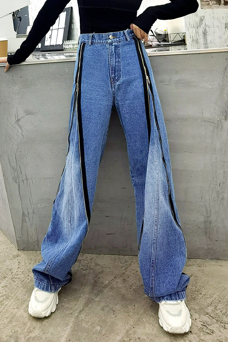 

Women High Waist Wide Leg Jeans Spring Autumn 2021 Zipper Splice Loose Casual Female Streetwear Hip Hop Harem Denim Pants 72121
