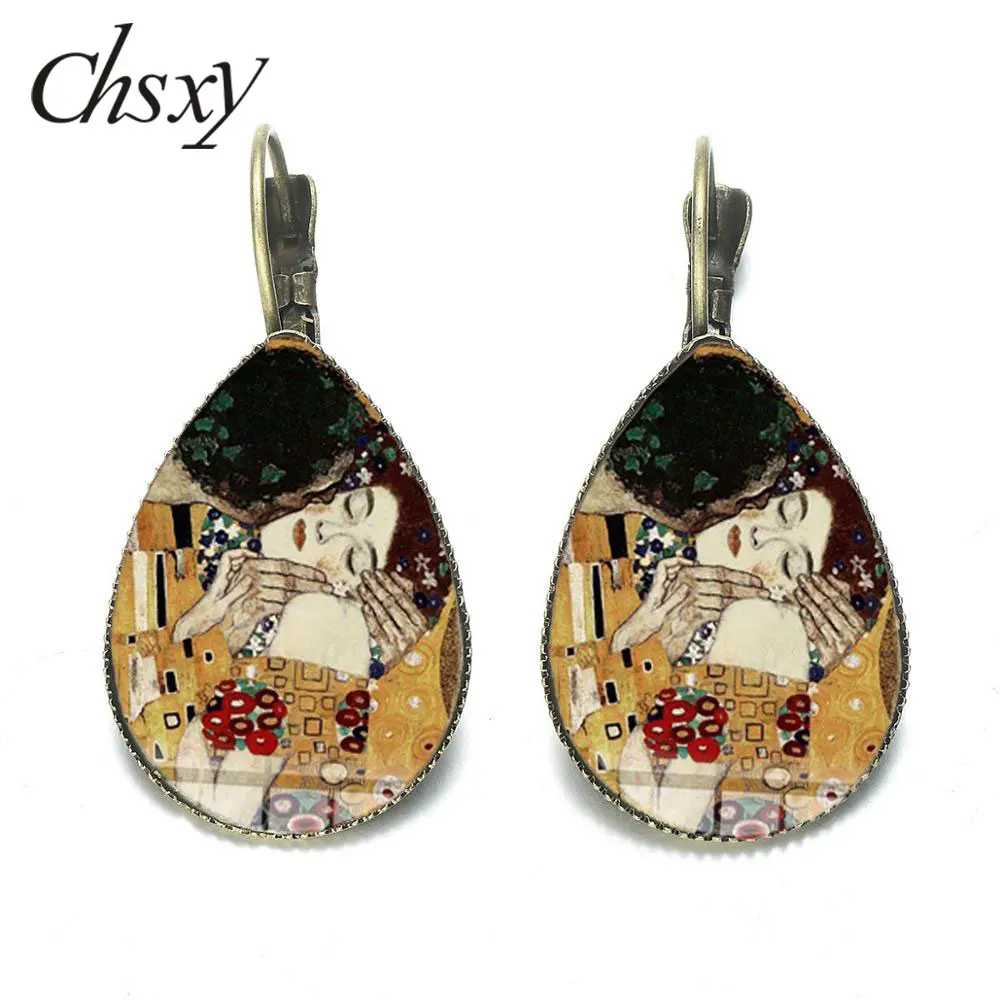 CHSXY Густав Климт поцелуй серьги Золотые слезы Картина Стекло купол французский