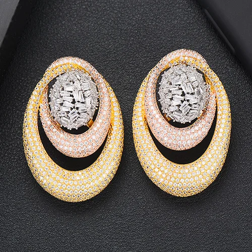 Earring Only- 3 Tone GODKI роскошный эксклюзивный Круглый комплект из сережек и ожерелья для женщин Свадебные кубические циркония Дубай высококачественные ювелирные украшения набор - Окраска металла: Earring Only- 3 Tone