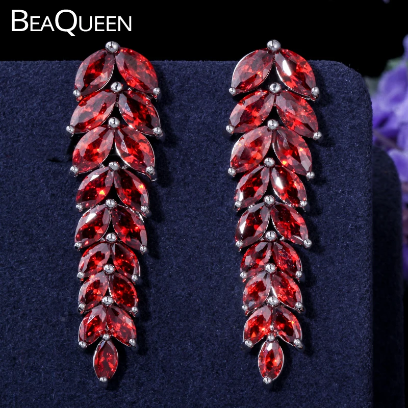 BeaQueen модные темно-красные серьги с фианитами длинные листьями индийские