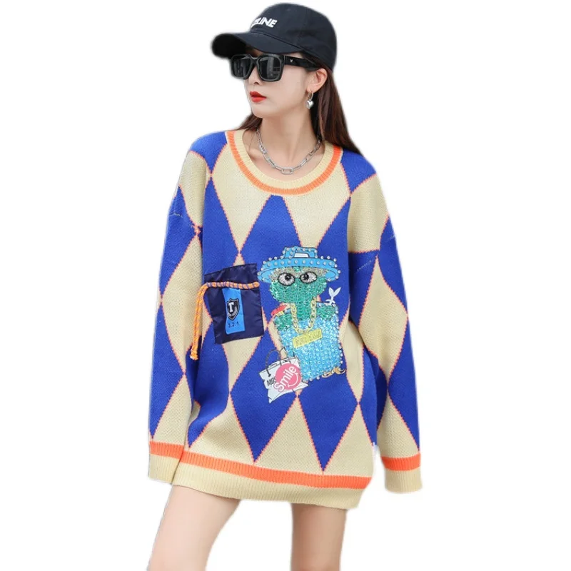 

European station tide brand heavy industry cartoon sequins loose stitching diamond pullover knitted sweater beaded top