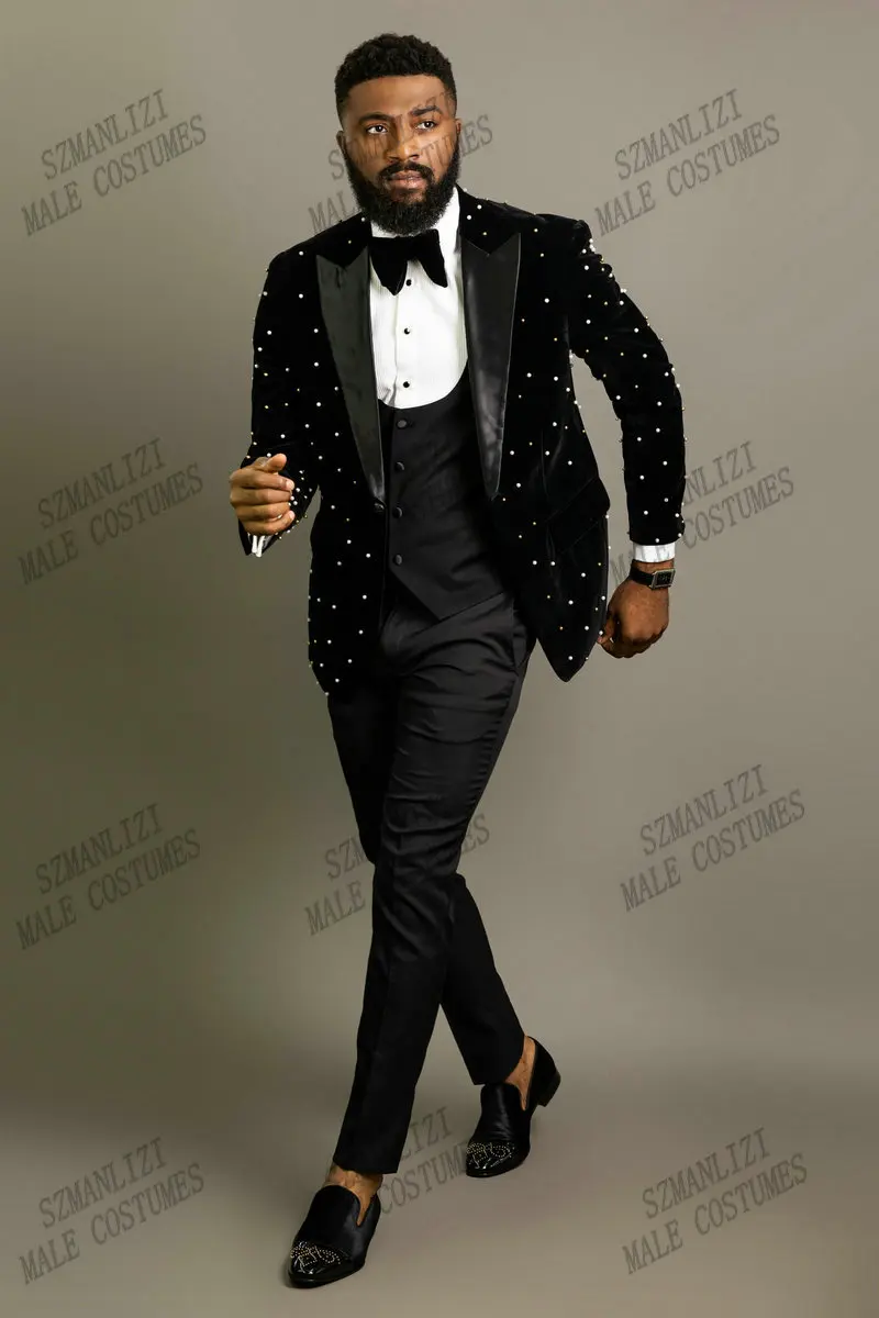 2022 Crystal Beading Black Velvet Men Suits Costume Homme Groom Tuxedos Wedding Terno Masculino Slim Fit 3 Pieces Party Blazer