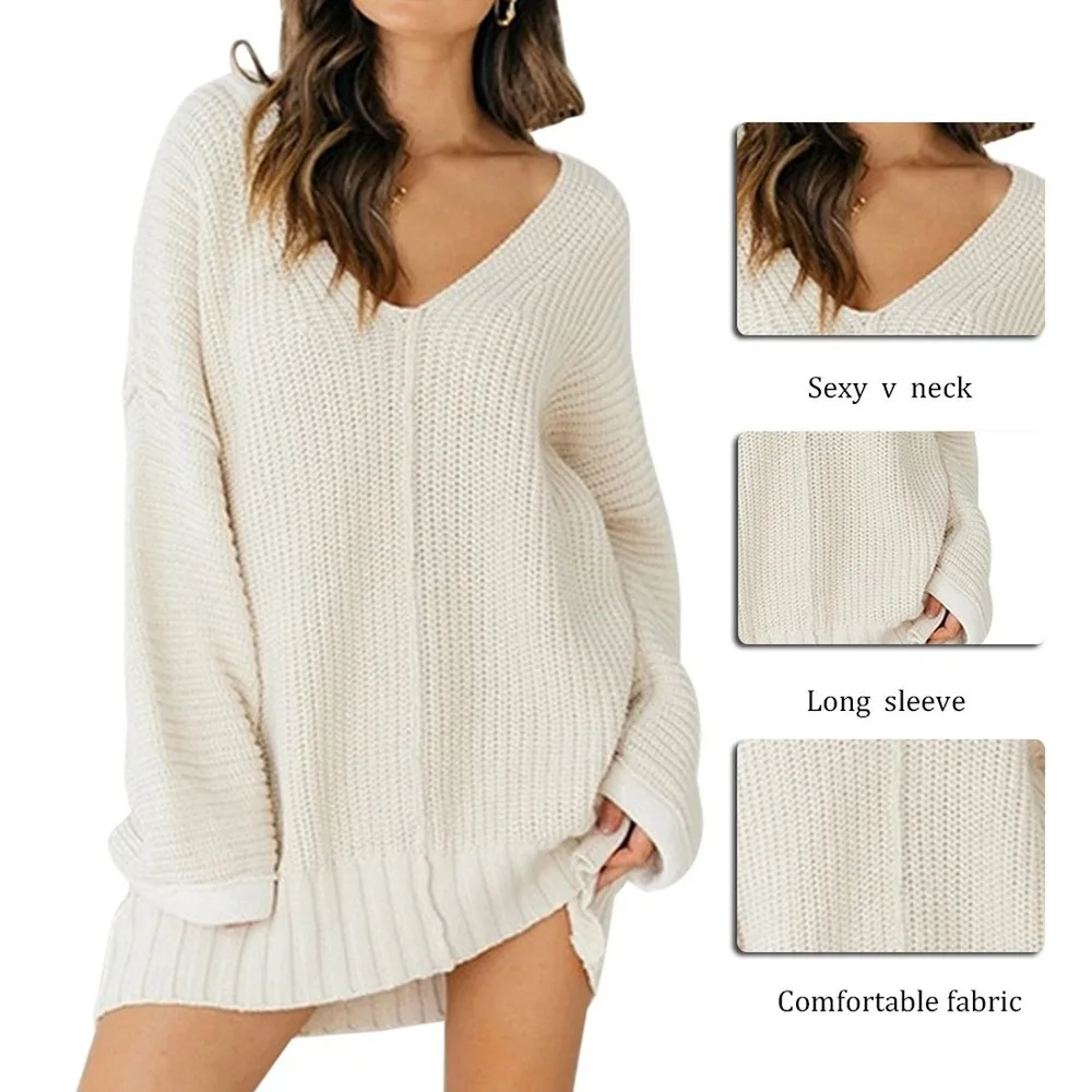 

Women's Sweater Pullover 2021 Autumn Winter New V Neck Solid Color Casual Loose Big Size Knitted Sweater Female Long Sweaters