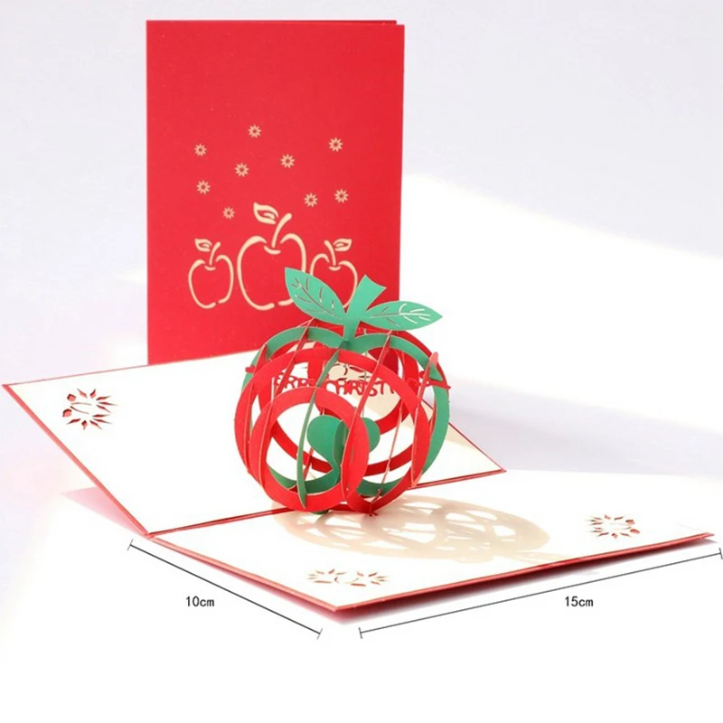 

3D Pop Up Cards Christmas Apple Greeting Card With Envelope Laser Cut Handmade Postcards Gifts Card For Santa Merry Christmas