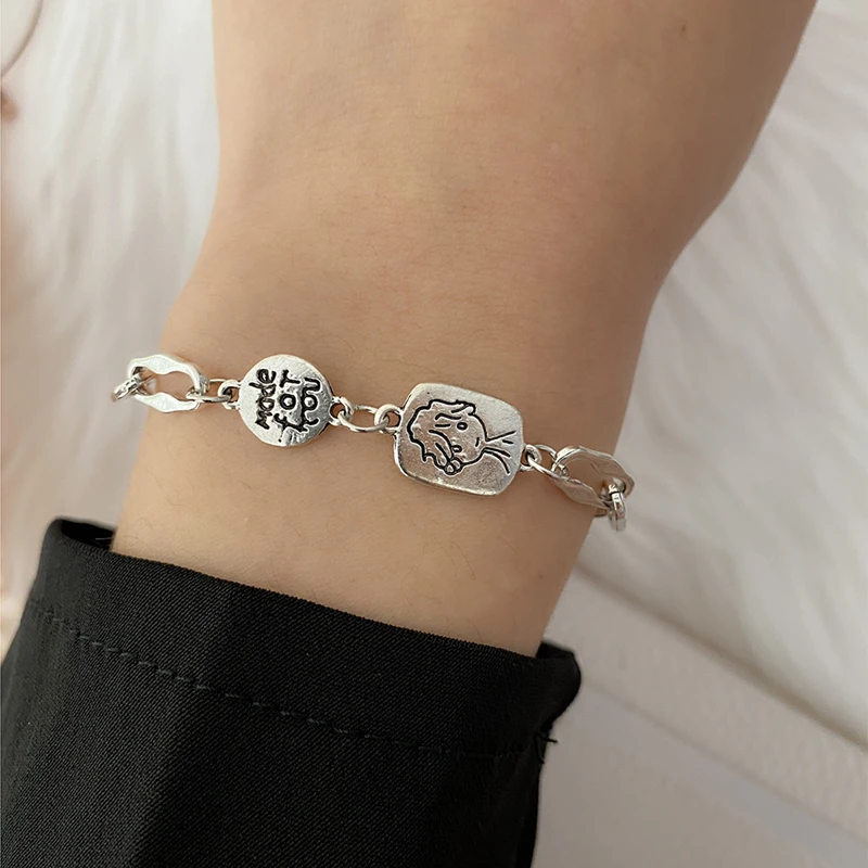 

VKME Korean Fashion Chain Cute Bracelets For Women Girls Cuban Link Silver Metal Thick Chain Bracelet Charm Vintage Jewelry Gift
