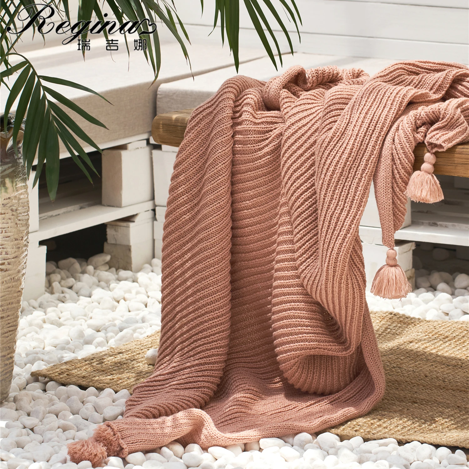 

REGINA Brand Thick Throw Blanket Pink Gray Apricot Warm Hand Chunky Knit Blanket Tassel Stripe Nordic Cute Adult Office Throws