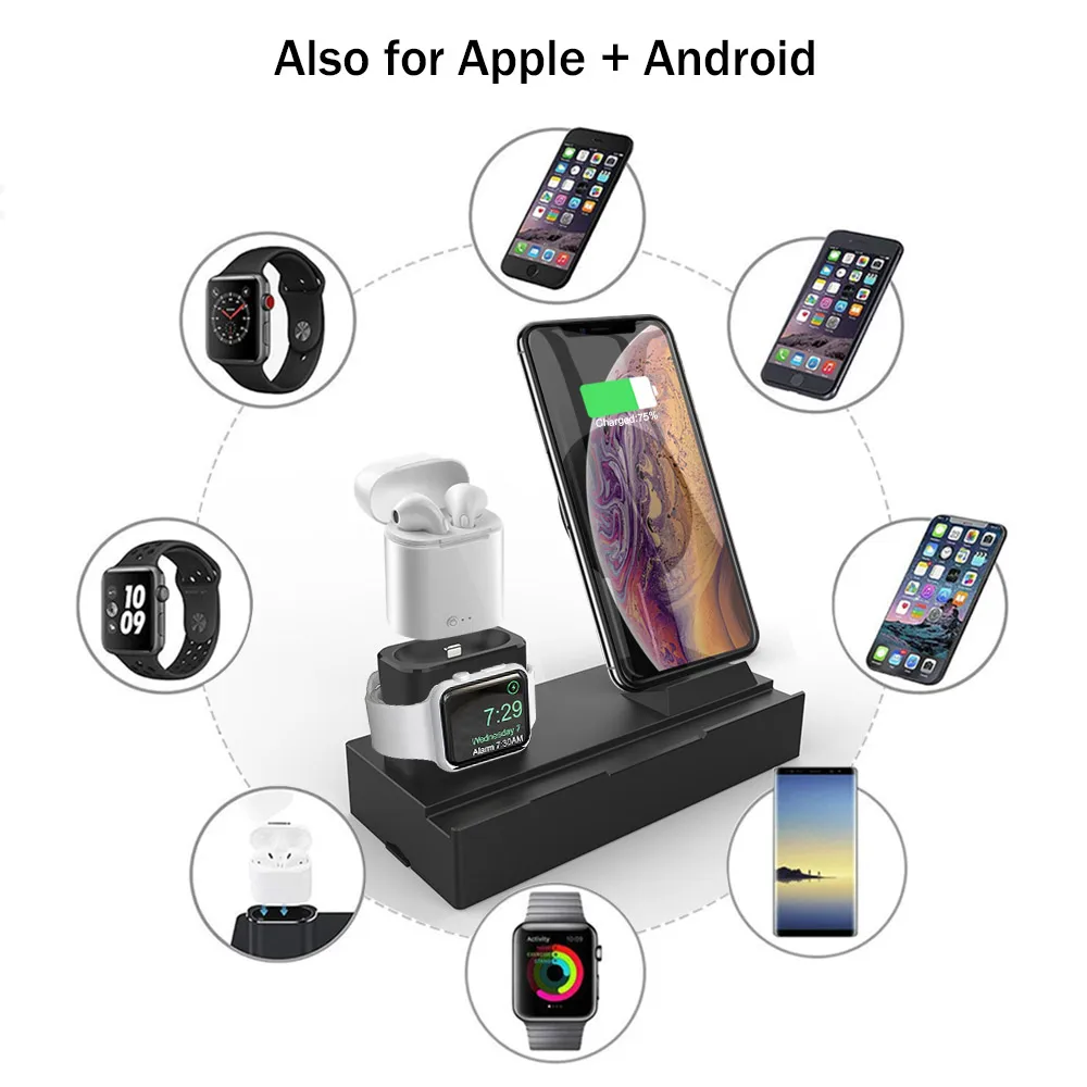 Беспроводной Зарядное устройство подставка для iPhone AirPods Apple Watch док станция