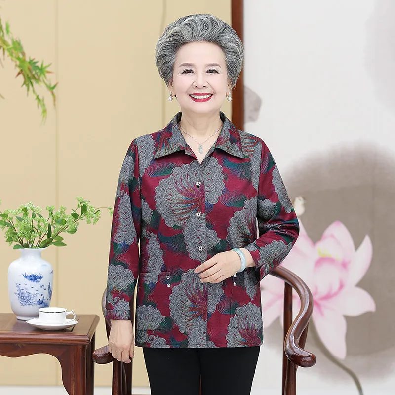 Блузки с длинными рукавами и принтом для матери среднего возраста топы сезон