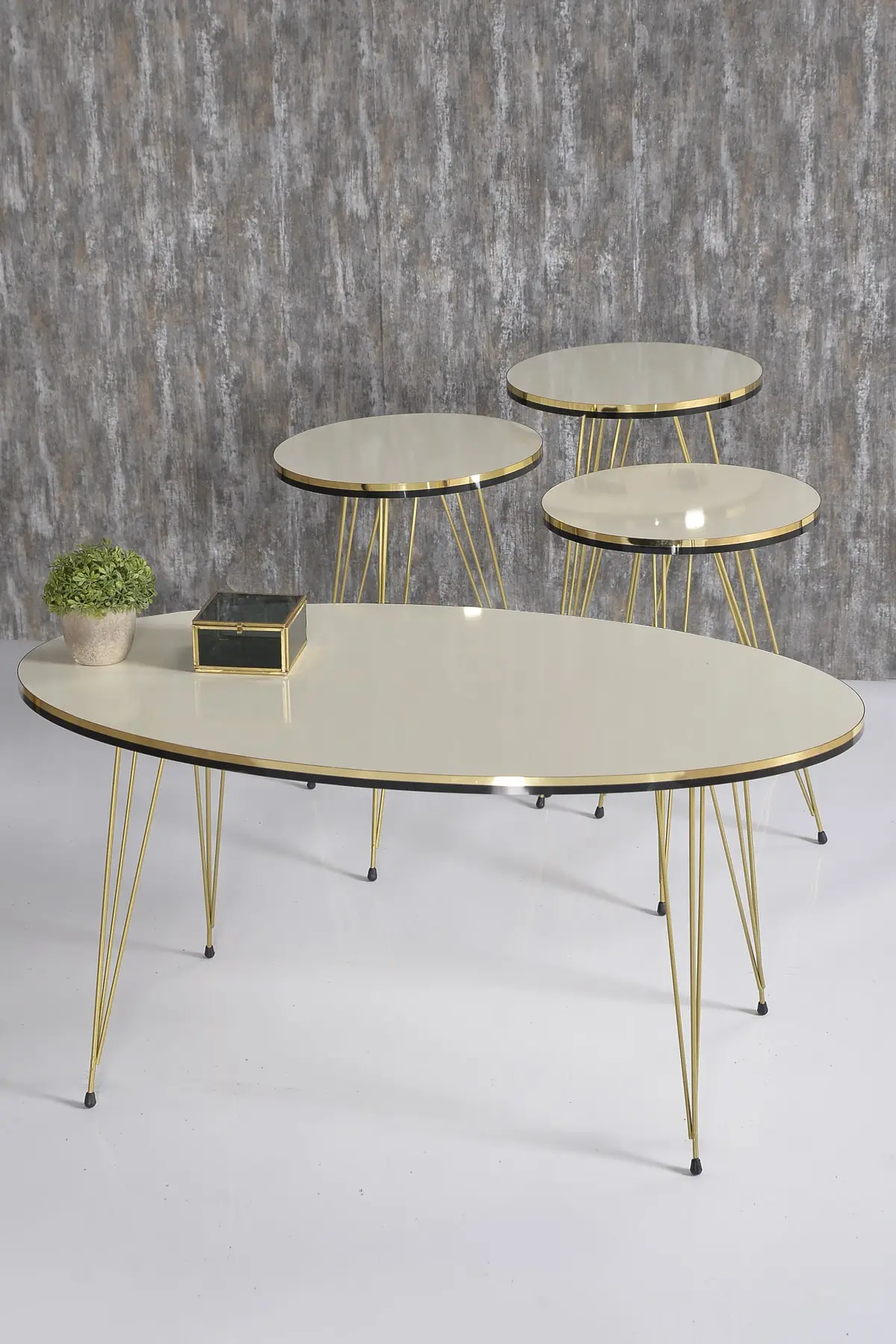 

Zigon Coffee Table And Coffee Table in the Middle Ellipse Set Double Gold Cream Wire Foot Turkiyede.