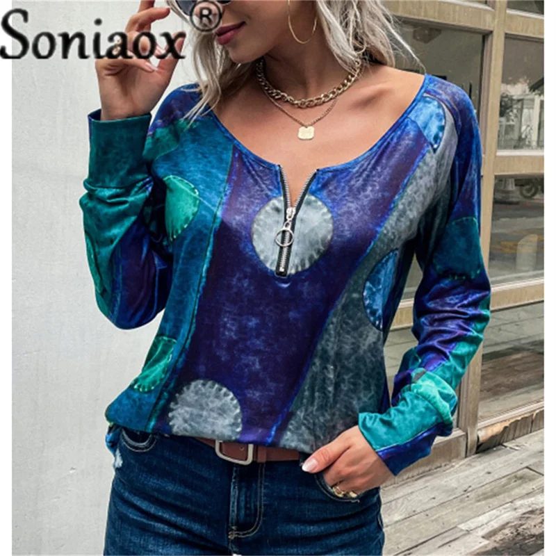 Купи Vintage Ethnic Style Oversized Casual Loose Shirts Pullovers Women Zipper Polka Dot Print T Shirt Spring 2021 New Tops за 486 рублей в магазине AliExpress