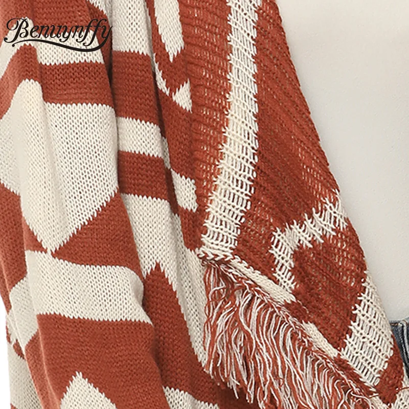 

Benuynffy Ethnic Print Knitted Cardigan Women Autumn Winter Geometric Long Sleeve Tassel Cardigan V-neck Female Oversize Sweater