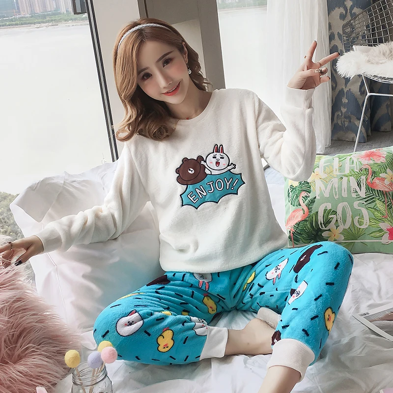 R W lan tuxiong Корейский kawaii розовый мультяшный пижамный комплект зимняя Пижама модная ночная рубашка домашняя одежда для отдыха фланелевая теплая Пижама женская одежда для сна - Цвет: R W lan tuxiong