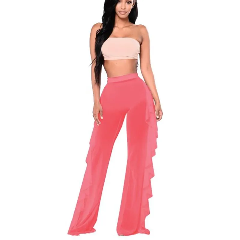 2019 Sexy Women Mesh Ruffles Pants Bikini Cover Up Solid Summer Elastic Waist Beach Wide Leg See-through Lady Long | Женская одежда