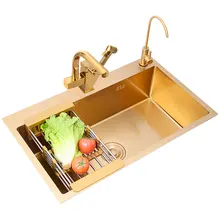 Gold Kitchen Sink Gold Drain Faucet Hand Wash Kitchen Sink 1.3m Thickened 304 Stainless Steel Antibacterial Single Tank