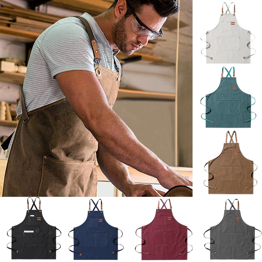 

Kitchen Chef Canvas Aprons Multi Pockets Multipurpose Work Apron For Bar Restaurant Grill Cafe Barbecue Milk Tea Shop Garden