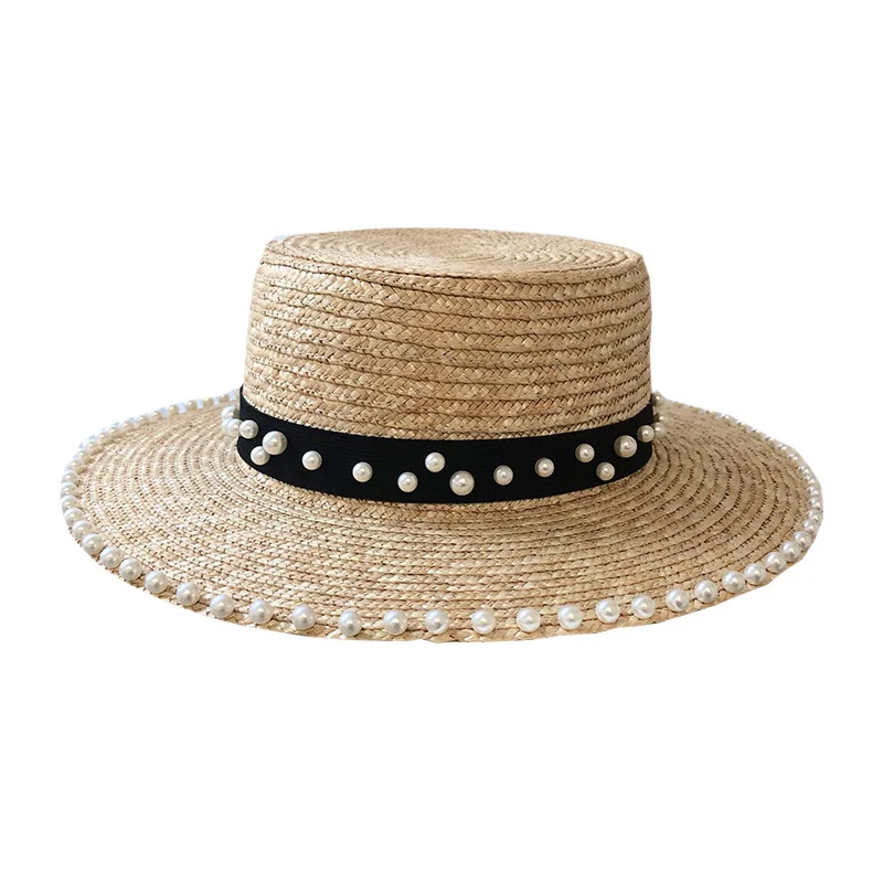 

Straw hat female summer pearl wheat straw big brimmed hat seaside vacation beach hat sun hat sun protection French sun hat