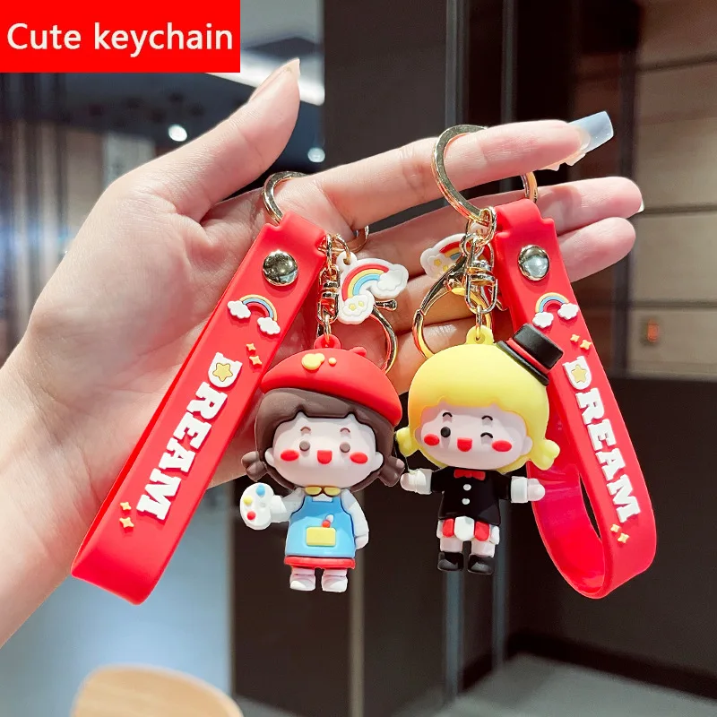 

New Fashion Girl with Dreams Leather Bag Car Keychain Plastic Soft Rubber Doll Pendant Key Holder Ring Accessories Jewelry Gift