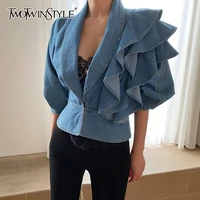 twotwinstyle patchwork ruffle tunic shirt for women v neck half sleeve denim blouse female 2020 fashion new clothing autumn