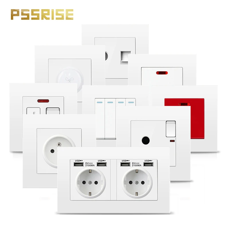 

PSSRISE A08 EU FR UN Power Socket Wall Switch TV TEL Computer USB Outlet Doorbell Electric Door Fuse Fan Light PC Panel Switch
