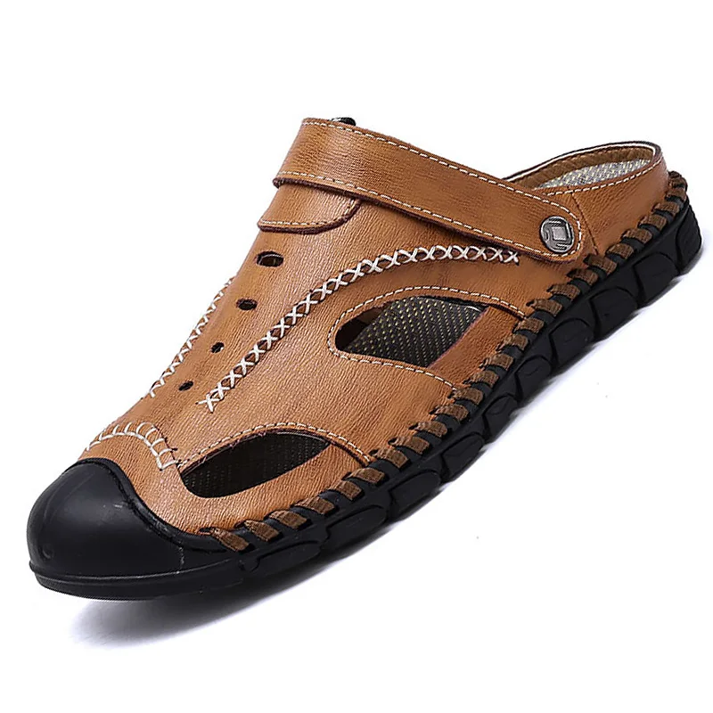 

Men Sandals Genuine Leather Summer Clogs Beach Sandals Large Size 55-56 Slip-On Cozy Hollow Driving Shoes For Men Nice Tides