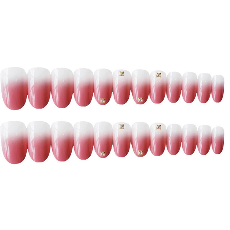 24pcs/Set Gradient Pink Fake Nails Artificial Pre-design Full Cover False Beauty Round Diamond Wedding Bride Nail Art Tips | Красота и