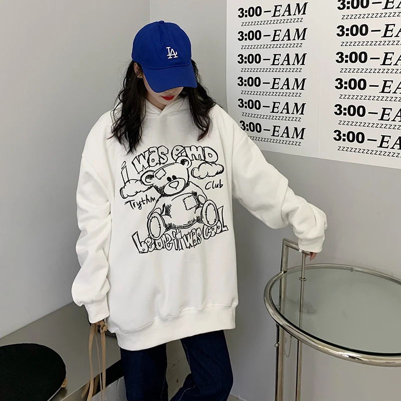

Cute Bear Sweatshirt Cotton Embroidery Kawaii Harajuku Oversized Hooded Casual Loose Women Winter Korean Tops Jacket Streetwear