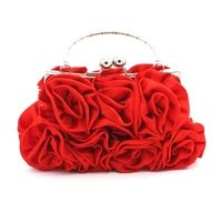 ladies red satin flower cloth bag women white hand stitched roses dinner bags for party female black dress bridal clutch purse
