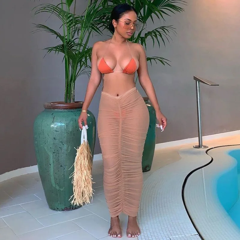 

Women's 2021 Summer New Solid Color Printed Mesh Perspective High Waist Folds Sexy Bust Hip Skirt Fashionable Light Luxury Lady