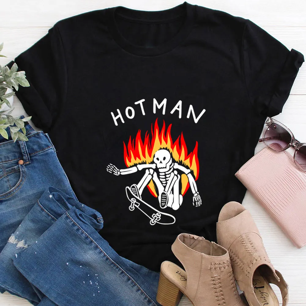 

Женская футболка с черепом и огнем на Хэллоуин, 100% хлопок, новинка, Забавный Повседневный Топ унисекс с коротким рукавом, эстетичная Готичес...
