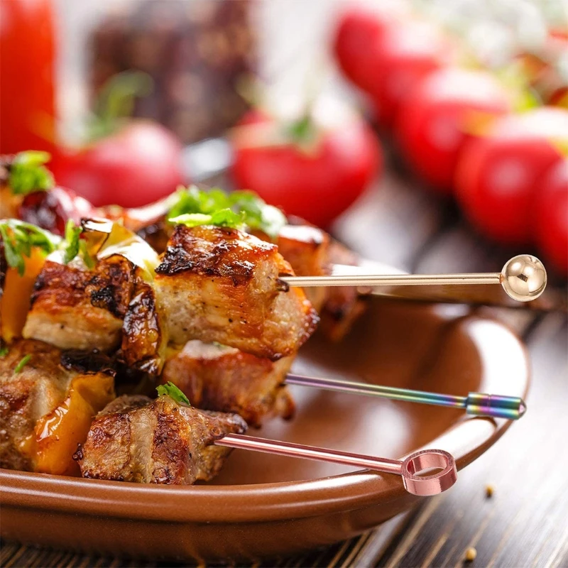 

10pcs 304 Stainless Steel Cocktail Picks Stick Titanium Fruit Sticks Mixing Stick Drinks Martini Picks Ball Shape Buffet