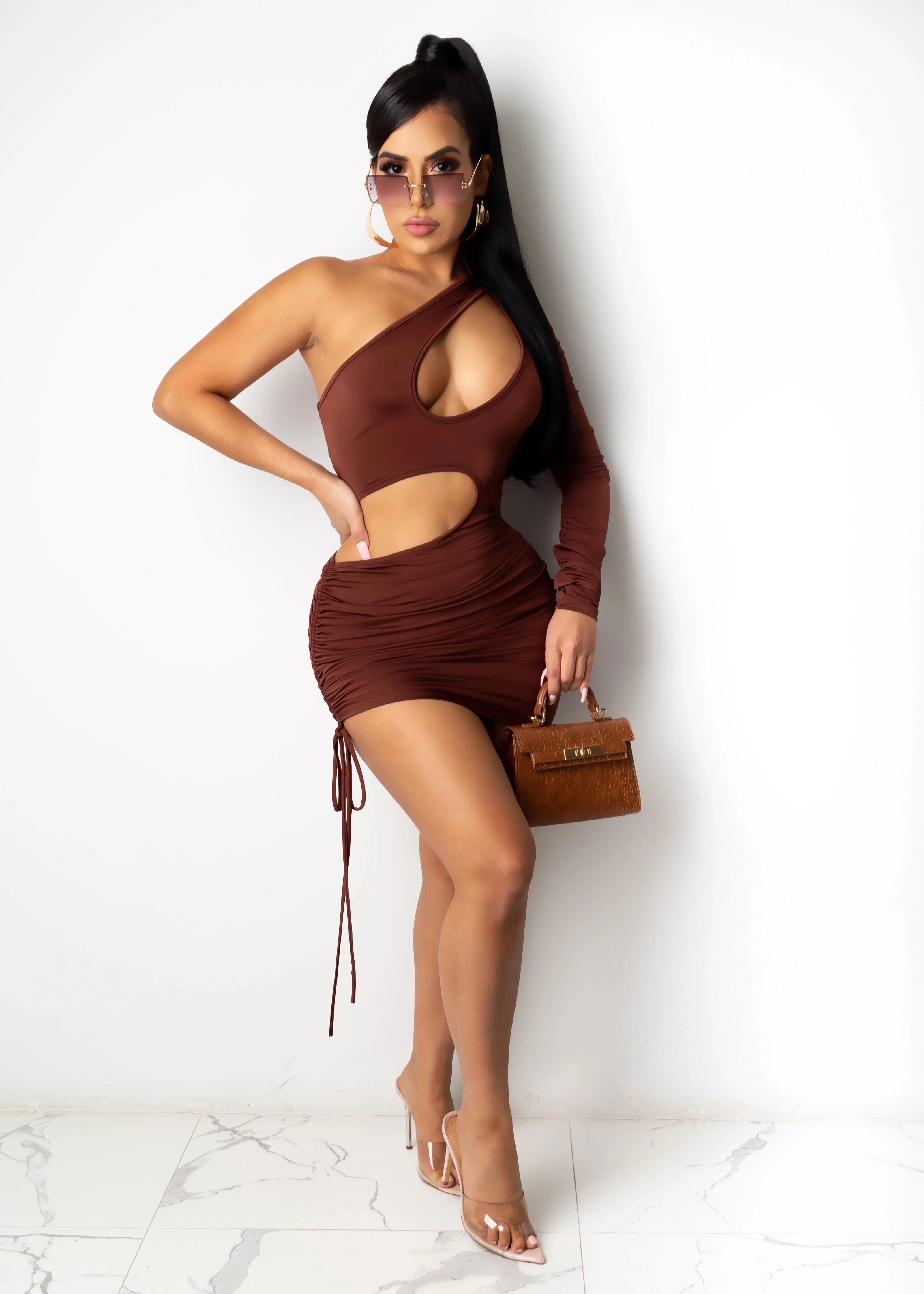 

Women Sexy DA Drawstring Birthday Party Dresses Cut Out Brown Lady Tight Bodycon Stretchy Outfits Good Quality Mini Vestidos