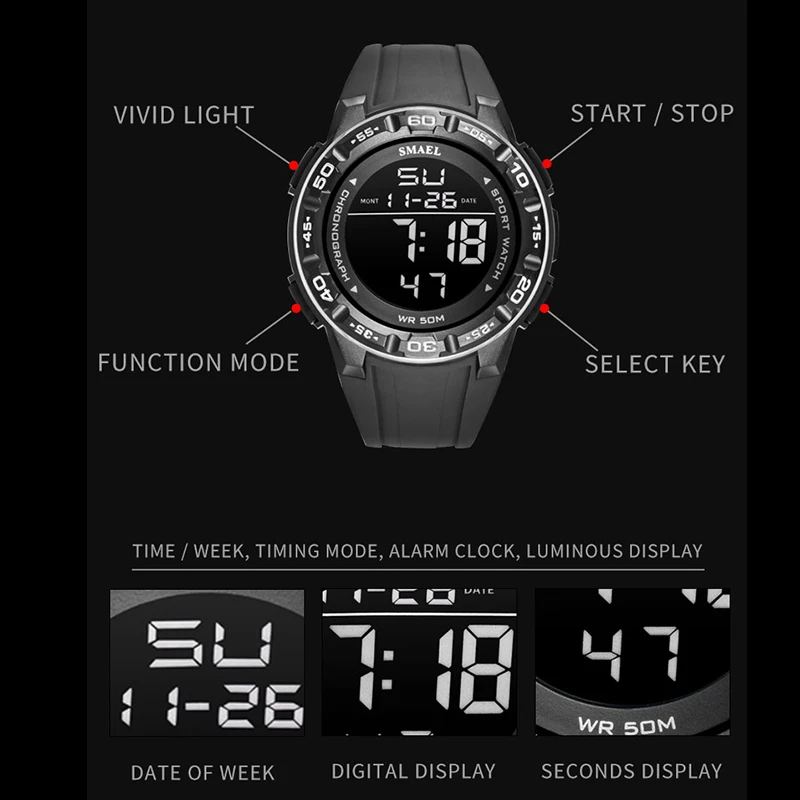 

New Men's Digital Watch 50M Waterproof Wristwatch Alarm Clock Luminous Multi-function Sports Watch Military Relojes Para Hombre