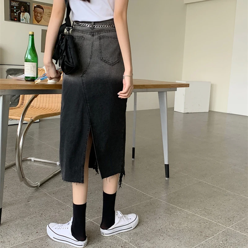 

Gothic Metal Chain Belted High Waist Split Gradation Color Blue Skirt 2021 Summer New Women Retro Black Ripped Irregular Skirts