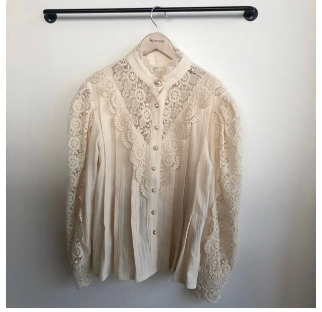 Женская кружевная блузка с воротником стойкой винтажная однобортная длинным