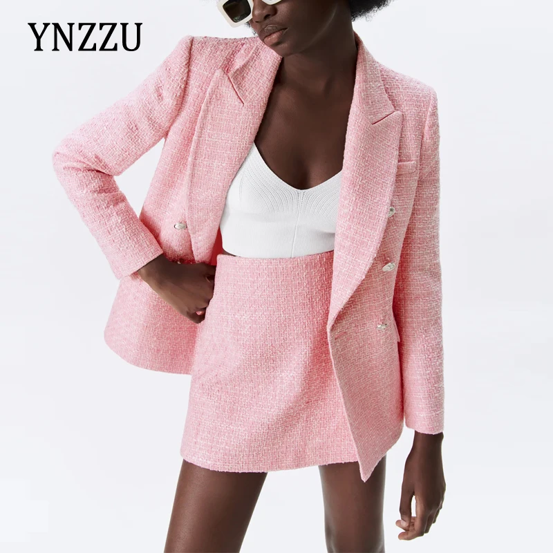 

Pink Women tweed Suit Blazer 2021 Autumn Winter Double breasted Ladies jacket Office style Female Short Mini skirt YNZZU 1O050