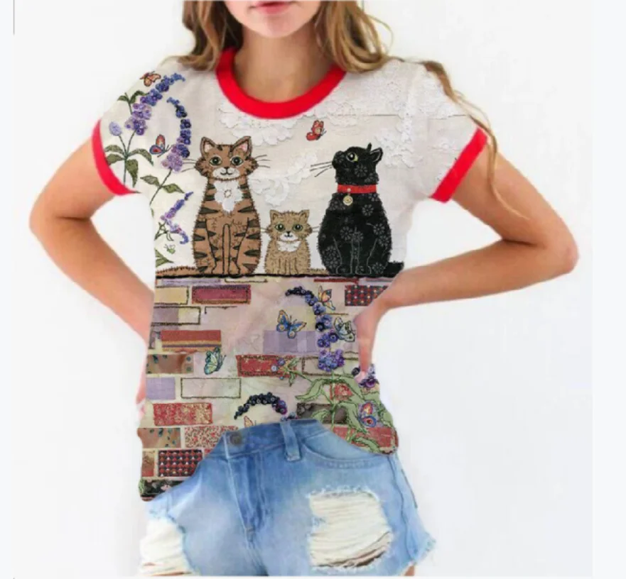 

Harajuku 2021 ladies student T-shirt new original super cute cat bird small size plus size trendy ladies printed top O-neck